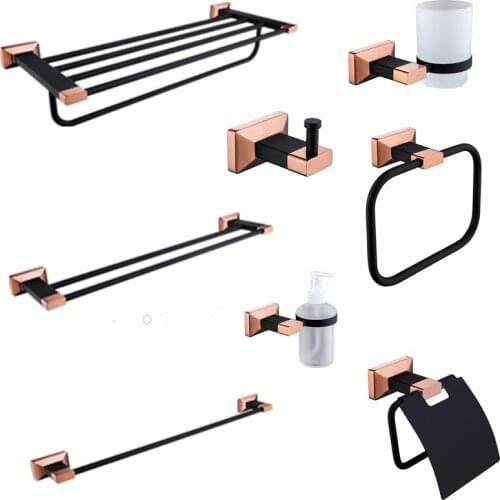 Brass Rose Gold and Black Bathroom Hardware Set Ceramic Toilet Brush Holder Metal Paper Holder Robe Hook Bathroom Accessories
