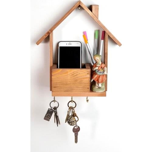 Open Walnut Natural Wood Pine Decorative House Shaped Multifunctional Keychain Rack