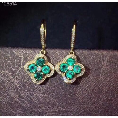 Natural green Emerald drop earrings 925 silver Natural gemstone earring drop Earrings fashion Clover Flower women party jewelry