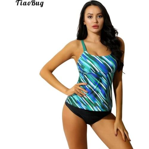 TiaoBug Summer Women 2Pcs Bikini Swimwear Bathing Suit Meteor Tankini Set Basic Sleeveless Racerback Top Bottoms Beach Sets