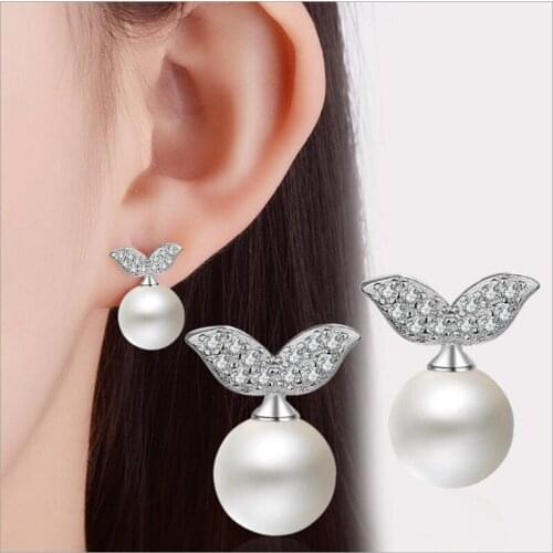 TJP New Fashion Silver Plated Earrings For Women Jewelry Charm Crystal Leaf Pearl Female Stud Earrings Girl Birthday Gift