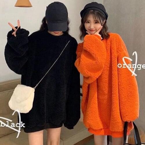 Lambswool Hoodie Oversized Warm Women 2020 Autumn Winter Thick Velvet Pullovers Sweatshirts Female Faux Fur Outerwear Plush