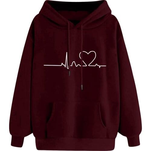 Vintage Womens Hoodie Long Sleeved Casual Love Print Hooded Sweatshirt Pullover Tops 2021 Autumn Winter Hoodies Sweatshirts