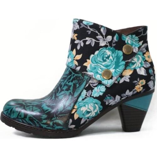 Retro Women Boots Sun Flower Genuine Leather Splicing Zipper Comfy 6-8CM Thick High Heel Shoes Women printing shoes for women
