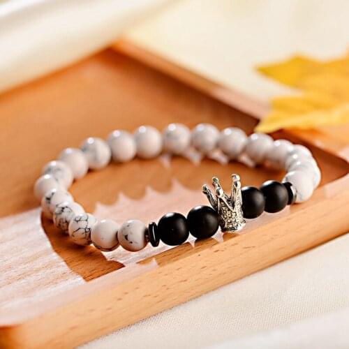 Classic Silver Color Crown White Stone Beads Bracelet Femme Unisex Elastic Bracelet Men Homme Dropshipping