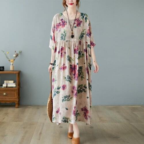 Oversized Sundress Thin Soft Cotton Linen Loose Summer Dress Print Floral Women Casual Long Maxi Holiday Travel Style Dress