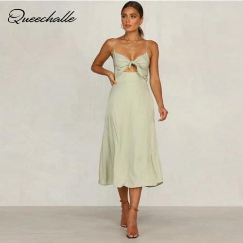 Sexy Spaghetti Strap Backless Midi Long Dress 2021 New Summer Elegant Bow Ties Sleeveless A-line Dresses Women Clothing Vestidos
