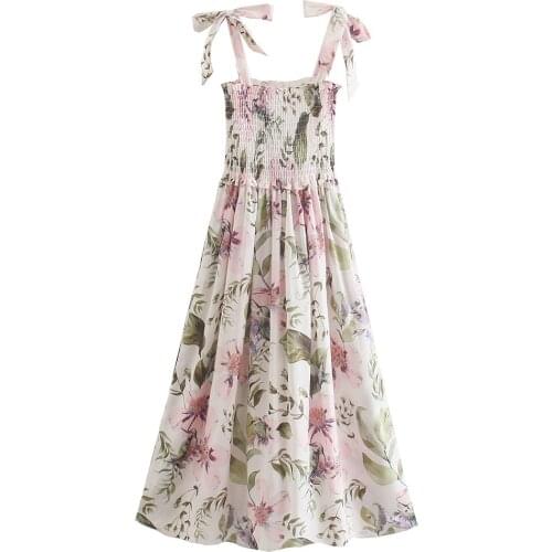 Women Dress Za Fashion Flower Print Knot Shoulder Frill Trim Cami Dress Summer Vintage Sleeveless Dress Female Elegant Vestidos