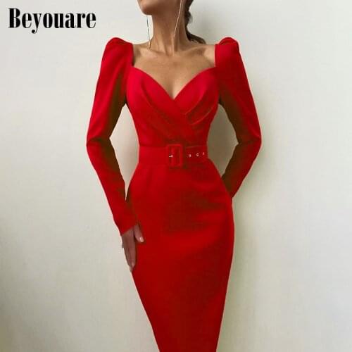 Beyouare Vintage Sexy Square Collar Bare Chest Folds Long Sleeve Sashes Skinny Ankle-Length Womens Elegant Dresses 2020 Autumn