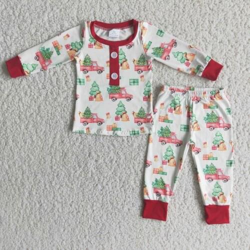 Winter Baby Boys Girls Two Pieces Pajamas Outfits Pickup Truck Carrying Christmas Tree Print Milk Silk Set