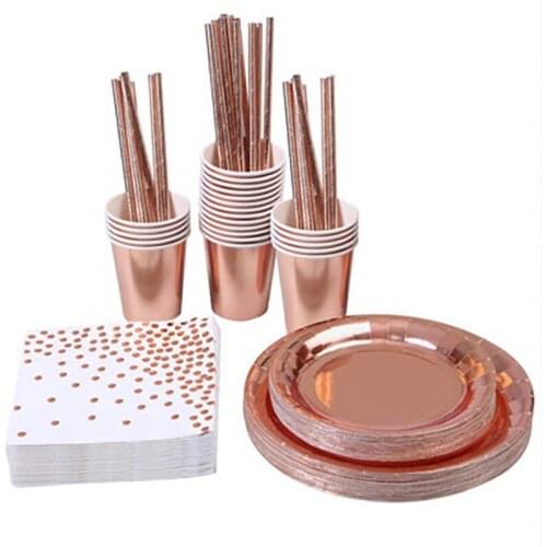 146pcs Party Tableware Supplies Rose Gold Festival Disposable Paper Plates Cups Straws Set Wedding Birthday Table Decorations
