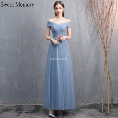 Sweet Memory Long Dusty Blue Bridesmaid Dress 2021 Summer Short Sleeve Boat Neck Lace Up Tulle Dresses Woman Graduation Vestidos