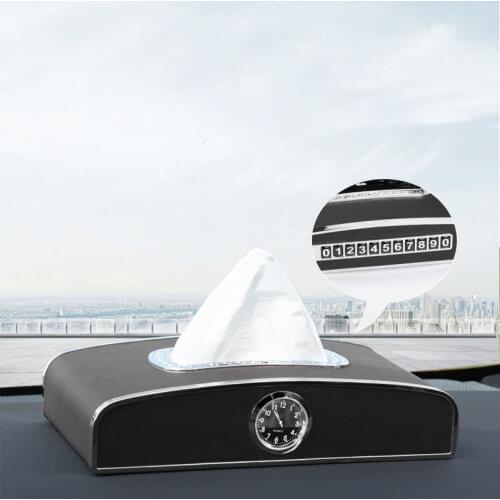 Microfiber Leather Car Tissue Holder Luxury Napkin Holder with Quartz Clock Parking Number Plate Auto Tissue Box Car Products