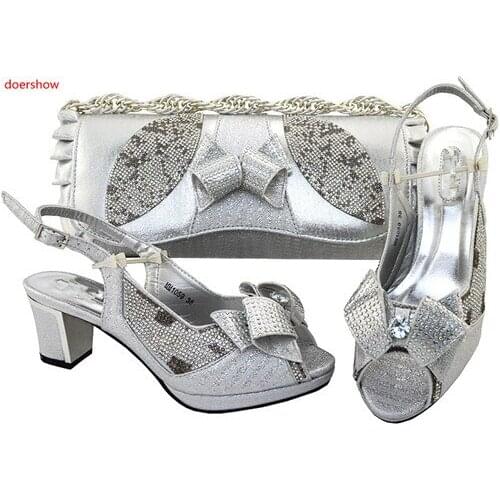 Doershow fashion Italian shoe with matching bag set with diamonds for party African women shoe and bag to match silver HVP1-27