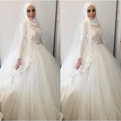 E JUE SHUNG Elegant Arabic Muslin Wedding Dresses High Neck Long Sleeve White Tulle Ball Gown Button Back Wedding Gown marriage