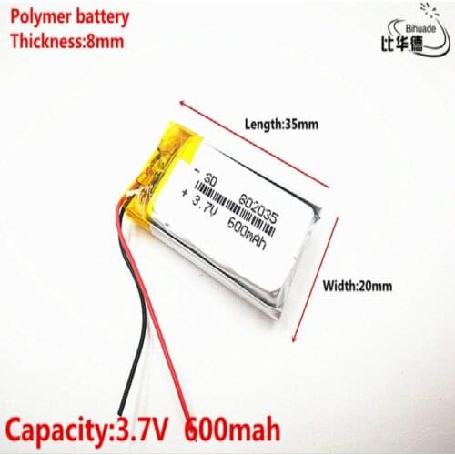 Good Qulity 3.7V,600mAH,802035 Polymer lithium ion / Li-ion battery for TOY,POWER BANK,GPS,mp3,mp4