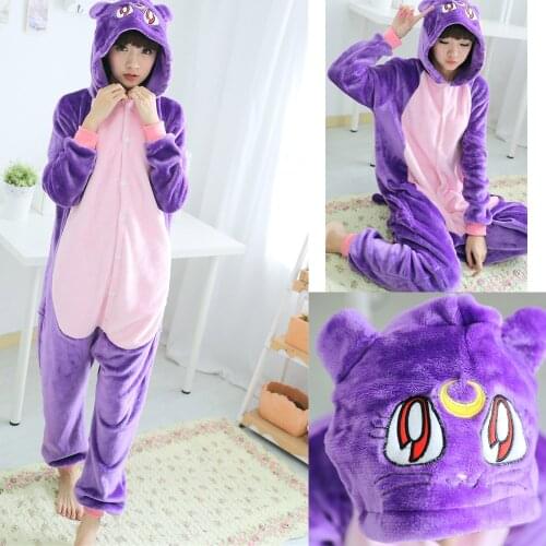 Kigurumi Purple Cat Homewear Cute Long Sleeve Hooded Onesie Flannel Warm Overall Kigurumi for Adults Lovely Cat Animal Pajamas
