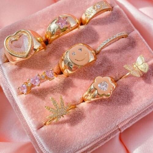 Korean Charms Leaf Rings For Women Metal Star Butterfly Harajuku Vintage Zircon Letter Rings Fashion 2021 Jewelry Gift Aesthetic