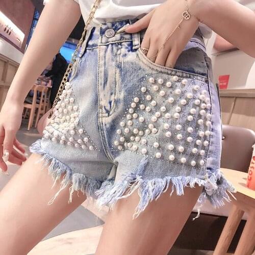 Summer Beaded Denim Shorts Female Plus Size S~XL Vintage Women Jeans Shorts Tassel Denim Shorts High Quality Wash Jeans