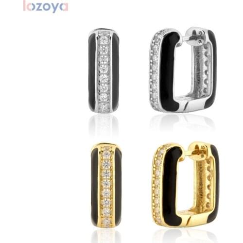Lozoya 100% 925 Fine Jewels Zircon Sterling Silver Thick Lareg Hoops Square Huggies Luxury Jewelry Fashion Enamel Jewels