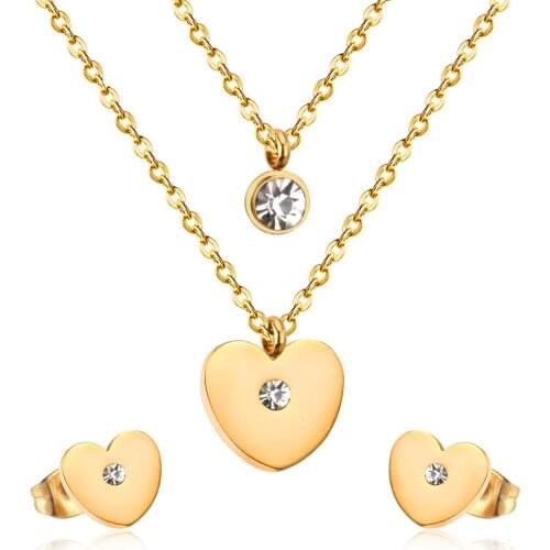 LUXUKISSKIDS Fashio Heart Love Wedding Jewelry Set Double Necklace Earrings Indian Jewelry Sets For Women Jewellery