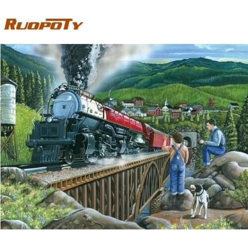 RUOPOTY Old Style Train Landscape Painting By Numbers DIY Oil Paints By Number Kits For Adults Great Art Craft For Home Decor