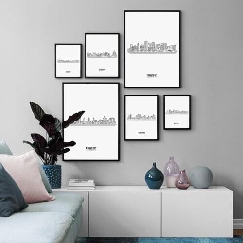 Black White Minimalist Cityscape Building Line Print Nordic Poster Wall Art Canvas Painting Wall Pictures For Living Room Decor