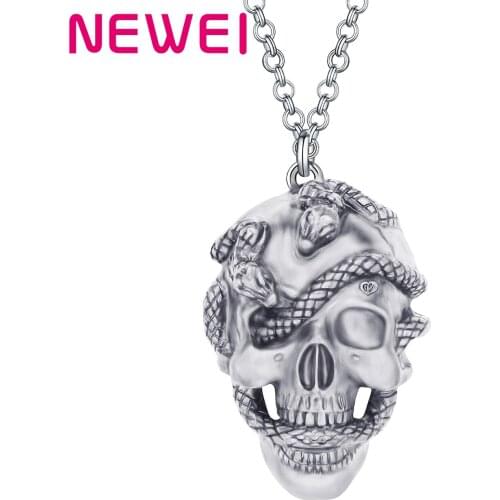 Newei Halloween Alloy Antique Gold Plated Snake Skull Necklace Realistic Skeleton Pendant Jewelry For Women Kid Girl Trendy Gift