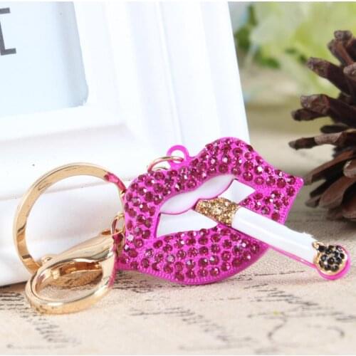New Fashion Cigarette Lip Rose Red Charm Pendant Crystal Car Purse HandBag Key Chain Ring Creative Party Birthday Gift