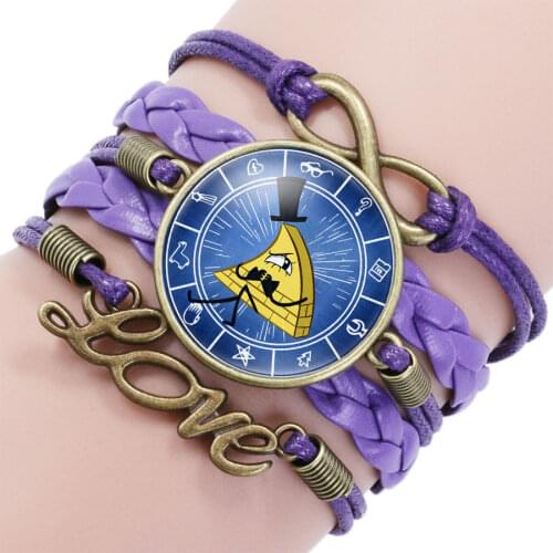 New Gravity Falls Mysteries Bill Cipher Wheel Bracelet Glass Cabochon Infinity Charm Bracelet Multilayer Leather Bracelet