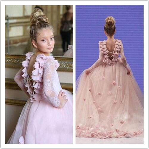 Pageant Kids Gown Pink Long Sleeve Backless Lace Flower Girl Dresses For Wedding Girls Floor Length Child Party Birthday Dress