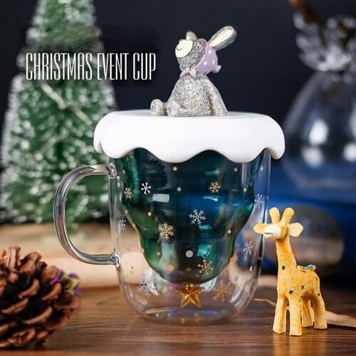 300ML Mugs Double-layer Glass Mugs Coffee Cups Christmas Tree Starry Sky Mouth Prevent Scald Milk Cup Cartoon Christmas Gift