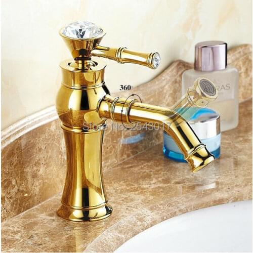 Crystal Diamond Handle Golden Finish Bathroom Basin Mixer Faucet Swivel Sout Luxury Fashion Vessel Sink Gold Faucet ZR421