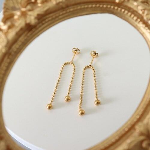 YAONUAN Vintage Round Bead Chain Earrings Gold-plated Asymmetric Tassel Length Vitality Ear Studs Party Jewelry For Women/Girls