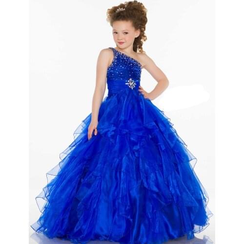 Royal Blue Girls Pageant Dresses For Weddings Ball Gown One-shoulder Organza Beaded Long Flower Girl Dresses For Little Girls
