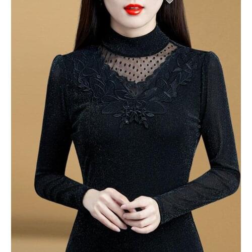 Women 2021 Autumn Winter Lace Blouses Shirts Lady Casual Long Sleeve Embroidery Flower Turtleneck Blusas Tops Plus Size 4xl X228