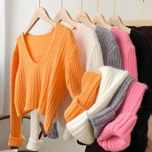 V-neck Short Knitted Top Womens Spring And Autumn New Slim Long Sleeve Solid Color Sweater