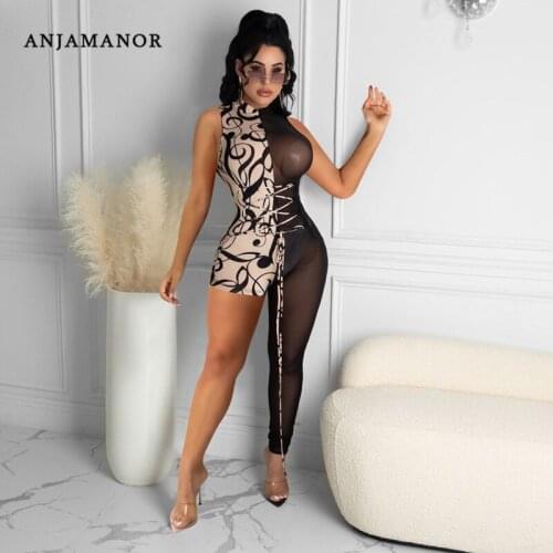 ANJAMANOR Sexy Bodycon Jumpsuit Shorts 2021 Fashion Women Floral Print Mesh Patchwork Asymmetrical Rompers Club Outfits D27-CG26