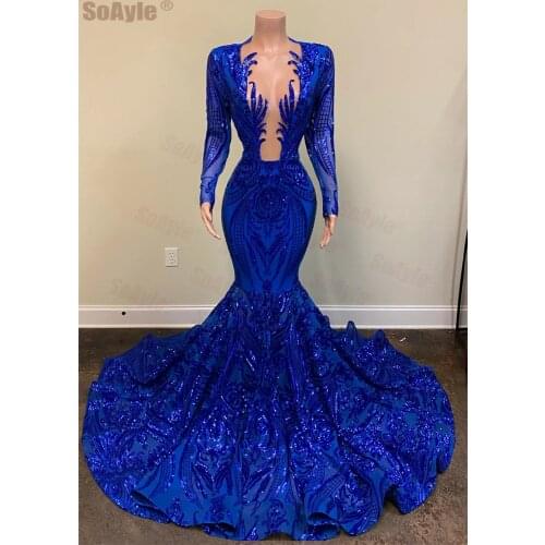 SoAyle Real Sample Long Prom Dresses 2020 Sheer Deep V-neck Mermaid Sequin Royal Blue African Women Prom Dress