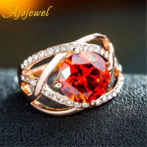 Ajojewel White Red 10MM Cubic Zirconia Women Rings Rose Gold Color Finger Rings For Ladys Wedding Party