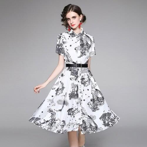 2021 Summer Fashion Runway Women Turn Down Collar Short Sleeve Single-Breasted Print Shirt Holiday Dresses With Belt