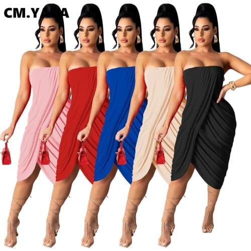 CM.YAYA Women Dress Solid Sleeveless Strapless Mid-calf Dresses Office Lady High Street Sexy Night Club Bar Dress Summer 2021