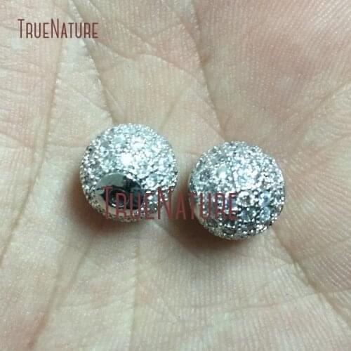 10Pcs Fashion Copper Loose Beads Clear Zircon Micro Pave Silver Electoplated Round Bead Beads On Sale 10mm BE109