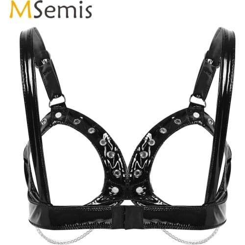 Womens Wet Look Patent Leather Lingerie Adjustable Shoulder Straps Open Cups with Metal Chains Wire-free Bra Top