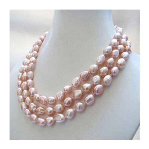Beautiful 3 Strands 8-10mm Pink Baroque Freshwater Pearl Necklace 17-19"