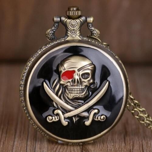Creatitive Bronze Steampunk Quartz Pocket Watch with Chain Skull Head Horror for Men Women Pendant TD2004