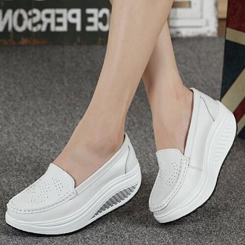 Fashion Women White Breathable Sneakers Slip On Nurse Swing Work Single Shoes Platform Wedges Leather Thick Bottom