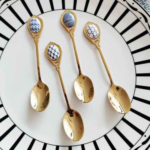 Kitchen Dessert Spoon Stainless Steel Coffee Milk Spoon with Ceramic Handle Spoon Gold-plated Dessert Spoon