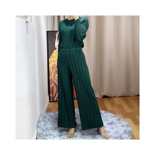 HOT SELLING Fashion fold long sleeve o-neck T-shirt + Wide leg pants loose solid two-piece outfit IN STOCK