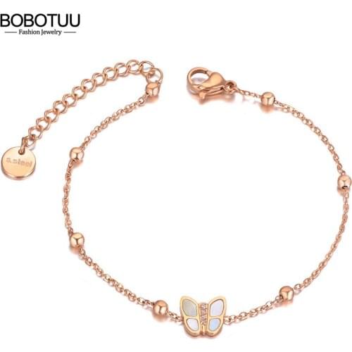 BOBOTUU Trendy 316L Stainless Steel White Shell Butterfly Charm Bracelets For Women Girls Rose Gold Chain Link Jewelry BB21004